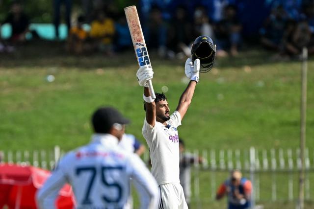 India's Devdutt Padikkal celebrates after scoring a century (100 runs) during the first day of the second Test cricket match between Sri Lanka and India at the Sinhalese Sports Club Ground in Colombo on August 23, 2026. (Photo by Ishara S. KODIKARA / AFP)