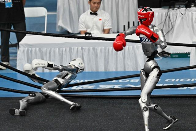 Humanoid robots fight during a kickboxing match at the 2nd World Humanoid Robot Games in Beijing on August 23, 2026. (Photo by Pedro PARDO / AFP)