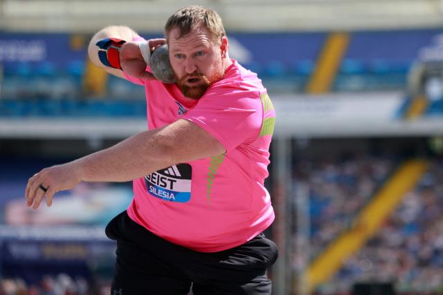 USA's Jordan Geist competes in the men's shot put event of the Silesia Diamond League athletics meeting in Katowice, Poland, on August 23, 2026. (Photo by Wojtek RADWANSKI / AFP)