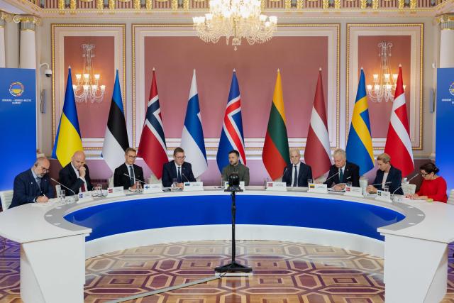(from L) Iceland's ambassador Fridrik Jonsson, Latvia's Prime Minister Andris Kulbergs, Finland's President Alexander Stubb, Estonia's Prime Minister Kristen Michal, Ukraine's President Volodymyr Zelensky, Norway's Prime Minister Jonas Gahr Store, Lithuania's President Gitana Nauseda and Denmark's Prime Minister Mette Frederiksen and Swedish diplomat Elsa Hastad take part in the Nordic-Baltic Eight (NB8) summit in Kyiv on August 23, 2026, amid Russias invasion of Ukraine. (Photo by Tetiana DZHAFAROVA / AFP)