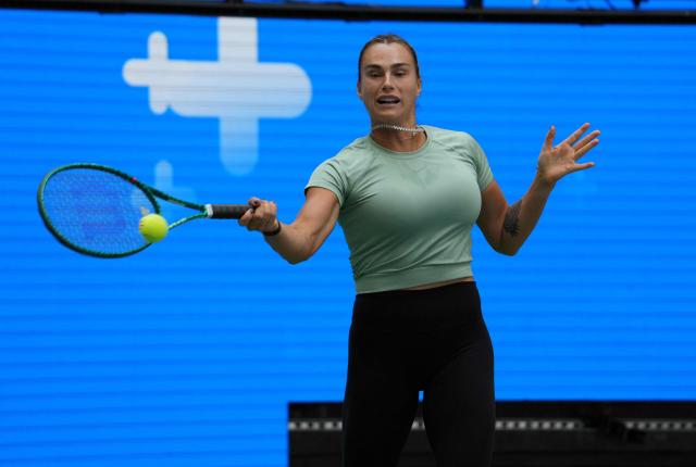 World number One Aryna Sabalenka practices during Arthur Ashe Kids' Day on August 23, 2026 as part of US Open Fan Week events at the USTA Billie Jean King National Tennis Center in New York. (Photo by TIMOTHY A. CLARY / AFP)