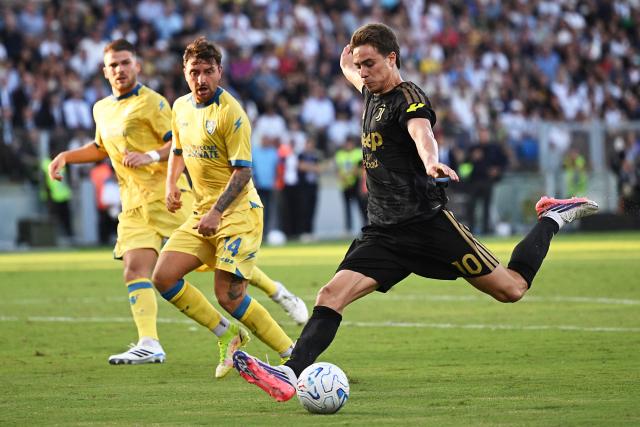 Juventus' Turkish forward #10 Kenan Yildiz shoots the ball during the Italian Serie A football match between Frosinone Calcio and Juventus FC at the Benito Stirpe stadium in Frosinone, central Italy on August 23, 2026. (Photo by Andreas SOLARO / AFP)