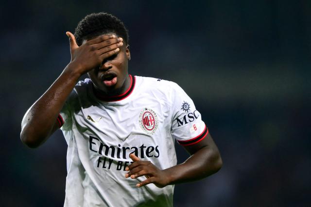 AC Milan’s Italian midfielder #70 Alphadjo Cisse reacts during the Italian Serie A football match between Torino FC and AC Milan at the Olympic Stadium Grande Torino in Turin, northern Italy on August 23, 2026. (Photo by Marco Bertorello / AFP)