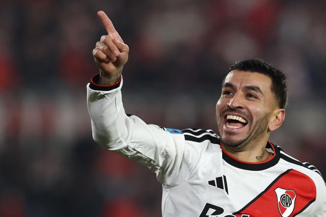 River Plate's midfielder #10 Angel Correa celebrates scoring the opening goal during the Argentine Professional League 2026 Clausura football match between River Plate and Velez Sarsfield at MAS Monumental Stadium in Buenos Aires on August 23, 2026. (Photo by Alejandro PAGNI / AFP)