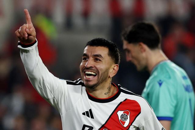 River Plate's midfielder #10 Angel Correa celebrates scoring the opening goal during the Argentine Professional League 2026 Clausura football match between River Plate and Velez Sarsfield at MAS Monumental Stadium in Buenos Aires on August 23, 2026. (Photo by Alejandro PAGNI / AFP)