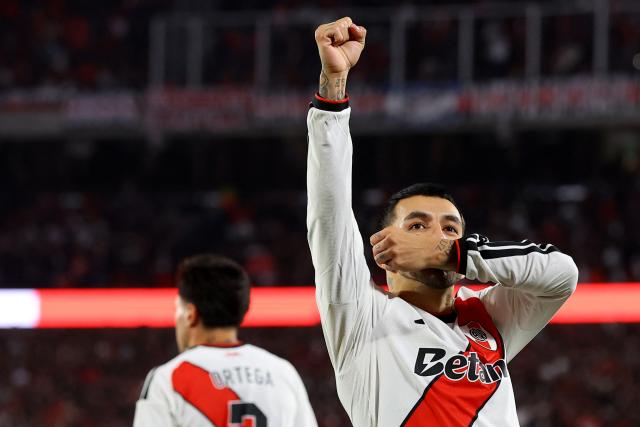 River Plate's midfielder #10 Angel Correa celebrates scoring the opening goal during the Argentine Professional League 2026 Clausura football match between River Plate and Velez Sarsfield at MAS Monumental Stadium in Buenos Aires on August 23, 2026. (Photo by Alejandro PAGNI / AFP)
