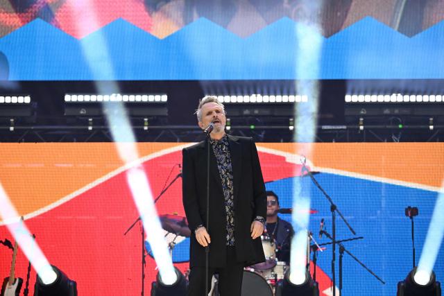 Spanish singer Miguel Bose performs on stage during the "Voces por la Vida" charity concert to support people affected by the 7.4-magnitude earthquake at the Vive Claro Distrito Cultural music venue in Bogota on August 23, 2026. (Photo by Raul ARBOLEDA / AFP)