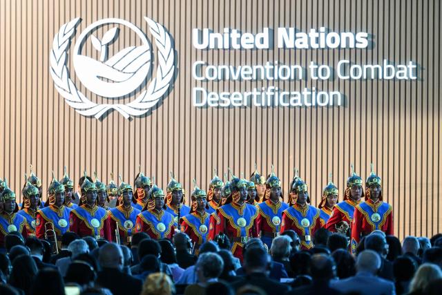 Musicians attend the opening ceremony of the 17th Session of the Conference of the Parties (COP17) to the United Nations Convention to Combat Desertification (UNCCD) in Ulaanbaatar on August 24, 2026. (Photo by Hector RETAMAL / AFP)
