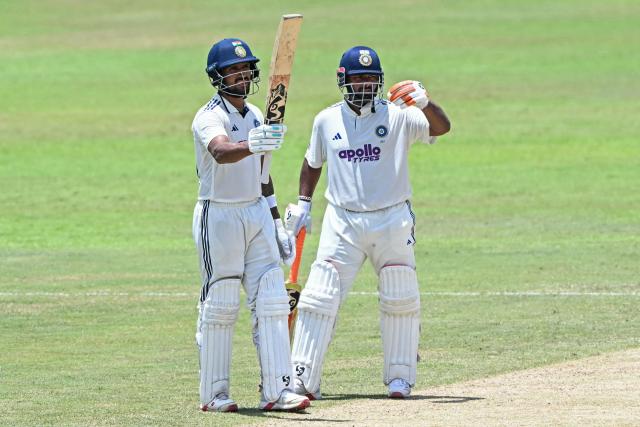 India's Dhruv Jurel (L) celebrates with Rishabh Pant after scoring a half-century (50 runs) during the second day of the second Test cricket match between Sri Lanka and India at the Sinhalese Sports Club Ground in Colombo on August 24, 2026. (Photo by Ishara S. KODIKARA / AFP)