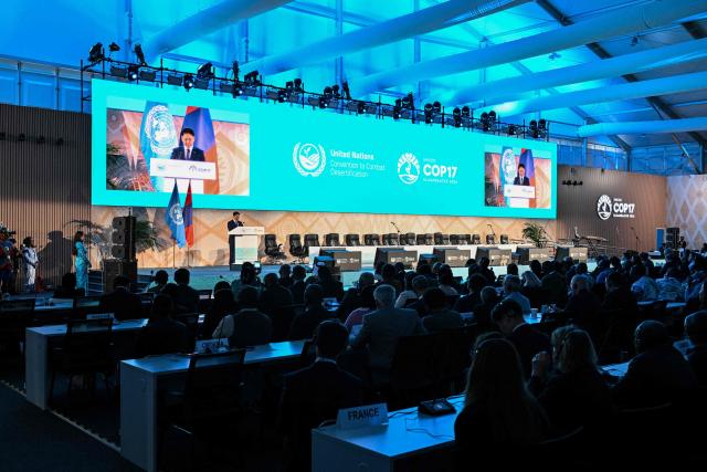 Mongolian president Khurelsukh Ukhnaagiin speaks during the opening ceremony of the 17th Session of the Conference of the Parties (COP17) to the United Nations Convention to Combat Desertification (UNCCD) in Ulaanbaatar on August 24, 2026. (Photo by Hector RETAMAL / AFP)