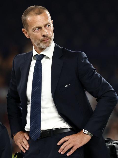 (FILES) UEFA President Aleksander Ceferin looks on at the end of the UEFA Supercup football match between Champions League winners Paris Saint Germain (PSG) and Europa League winners Aston Villa in Salzburg, Austria on August 12, 2026. UEFA chief Aleksander Ceferin has ruled himself out of the running to replace Gianni Infantino, the under-fire FIFA president on August 24, 2026. Infantino has come under increasing pressure to step down over his now abandoned plan to secure private investment in FIFA tournaments, with Ceferin one of the leading figures in the challenge to him. (Photo by FRANCK FIFE / AFP)