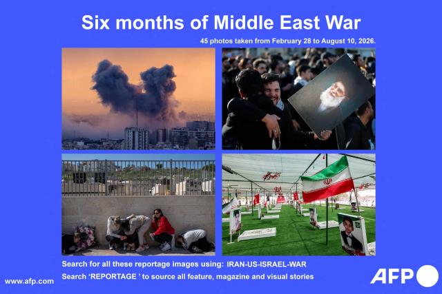 AFP presents a visual story of 45 pictures taken from February 28 to August 10, 2026 of the Middle East war. On February 28, the United States and Israel launched a massive offensive against Iran, igniting a war that swiftly engulfed the region and hit global energy markets. Six months on, the US and the Islamic republic remain locked in conflict, with no sign of an imminent resolution despite repeated rounds of negotiations.

Search for all these reportage images using: Iran-US-Israel-War
Search "REPORTAGE" to source all feature, magazine and visual stories. (Photo by AFP) / 