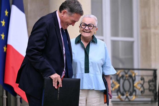 France's Transports Minister Philippe Tabarot and France's Decentralisation Minister Francoise Gatel leave after the weekly cabinet meeting at the Elysee Palace in Paris on August 24, 2026. (Photo by LOU BENOIST / AFP)