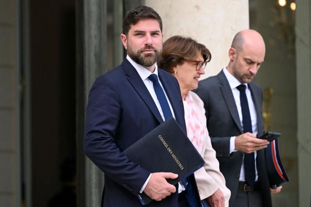 (LtoR) France's Housing Minister Vincent Jeanbrun, France's Agriculture Minister Annie Genevard and France's Foreign Affairs Minister Jean-Noel Barrot leave after the weekly cabinet meeting at the Elysee Palace in Paris on August 24, 2026. (Photo by LOU BENOIST / AFP)