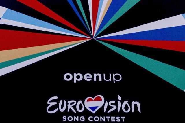 (FILES) A picture taken on January 28, 2020 shows a banner depicting the logo of the 65th edition of the Eurovision Song Contest in Rotterdam. The Netherlands will not participate in next year's Eurovision Song Contest, its broadcaster said on August 24, 2026, saying the event can "no longer be considered neutral" given divisions over the Gaza war. (Photo by Sander KONING / ANP / AFP) / Netherlands OUT