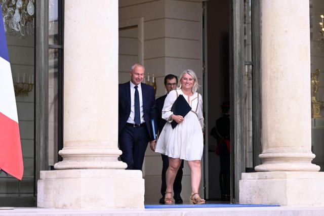(LtoR) France's junior Minister in charge of parliament relations Laurent Panifous, France's Labour Minister Jean-Pierre Farandou and France's Health Minister Stephanie Rist leave after the weekly cabinet meeting at the Elysee Palace in Paris on August 24, 2026. (Photo by LOU BENOIST / AFP)