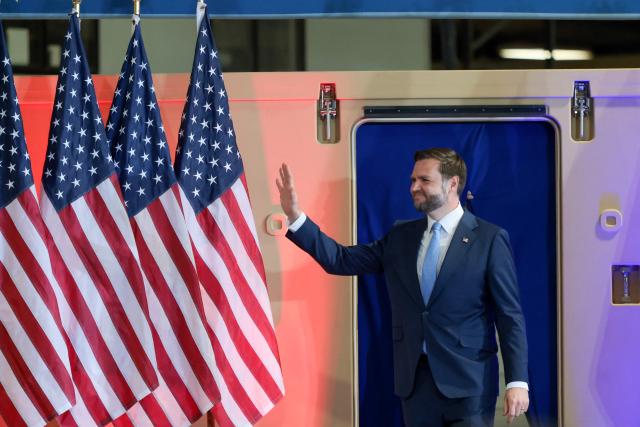 US Vice President JD Vance arrives on stage to speak at CompoTech, a defense technology and advanced manufacturing company, in Brewer, Maine on August 24, 2026. (Photo by Anna Moneymaker / POOL / AFP)