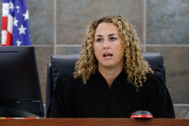 District Court Judge Carli Kierny speaks during the murder trial of Duane Davis, related to the 1996 killing of rapper Tupac Shakur, at Clark County District Court at the Regional Justice Center in Las Vegas, Nevada, on August 24, 2026. The trial of the former gang leader accused of orchestrating the murder of rapper Tupac Shakur began on August 10, 30 years after one of America's most high-profile unresolved killings. The proceedings, expected to last a month, will likely not make clear who fired the shots that killed the California hip-hop legend on the night of September 7, 1996, while he was in Las Vegas to see a Mike Tyson boxing match. (Photo by Caroline Brehman / POOL / AFP)