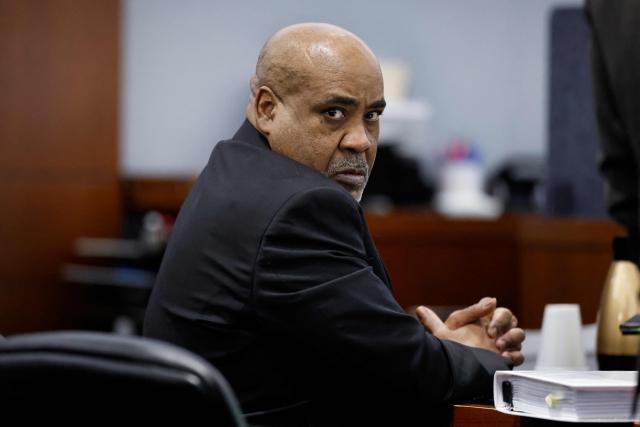 Duane Davis looks on during his murder trial, related to the 1996 killing of rapper Tupac Shakur, at Clark County District Court at the Regional Justice Center in Las Vegas, Nevada, on August 24, 2026. The trial of the former gang leader accused of orchestrating the murder of rapper Tupac Shakur began on August 10, 30 years after one of America's most high-profile unresolved killings. The proceedings, expected to last a month, will likely not make clear who fired the shots that killed the California hip-hop legend on the night of September 7, 1996, while he was in Las Vegas to see a Mike Tyson boxing match. (Photo by Caroline Brehman / POOL / AFP)