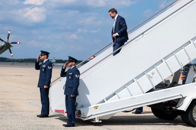 US Vice President JD Vance steps off Air Force Two on August 24, 2026 in Joint Base Andrews, Maryland. Vance traveled to Maine to speak at CompoTech, a defense technology company. (Photo by Anna Moneymaker / POOL / AFP)