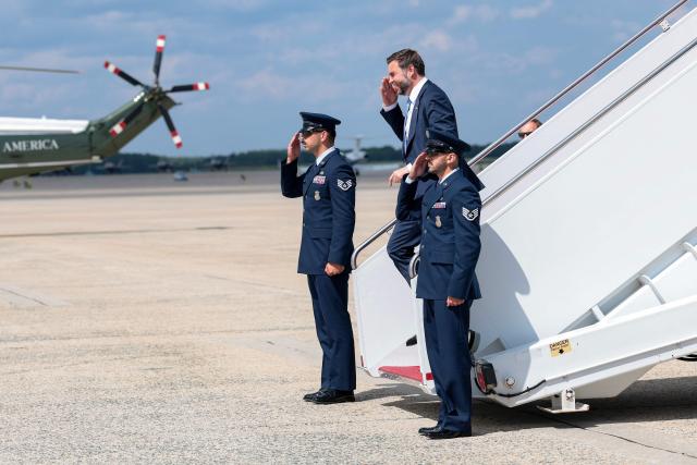 US Vice President JD Vance steps off Air Force Two on August 24, 2026 in Joint Base Andrews, Maryland. Vance traveled to Maine to speak at CompoTech, a defense technology company. (Photo by Anna Moneymaker / POOL / AFP)