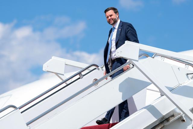 US Vice President JD Vance steps off Air Force Two on August 24, 2026 in Joint Base Andrews, Maryland. Vance traveled to Maine to speak at CompoTech, a defense technology company. (Photo by Anna Moneymaker / POOL / AFP)