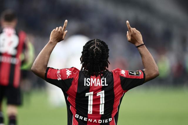 (FILES) Nice’s French forward #11 Elye Wahi celebrates scoring Nice's first goal during the French Ligue 1 football match between Olympique de Marseille (OM) and OGC Nice at the Velodrome stadium in Marseille, south-eastern France on April 26, 2026. OGC Nice officially announced the loan—with an option to buy—of Ivorian international forward Elye Wahi from Frankfurt on August 24, 2026. Wahi, 23, who had previously played for Nice from January to June, received a warm welcome from 'Les Aiglons' supporters upon arrival at the airport on August 23, 2026 and will be eligible to play in the away match against PFC in Paris at the weekend. (Photo by Thibaud MORITZ / AFP)
