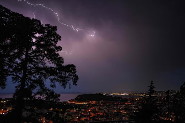Lightning strikes over the Bay of Angels in the French Riviera city of Nice, southeastern France, on August 24, 2026. (Photo by Valery HACHE / AFP)