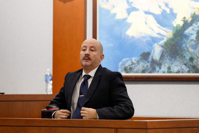 Michael Dorsey testifies during the murder trial of Duane Davis, related to the 1996 killing of rapper Tupac Shakur, at Clark County District Court at the Regional Justice Center in Las Vegas, Nevada, on August 24, 2026. The trial of the former gang leader accused of orchestrating the murder of rapper Tupac Shakur began on August 10, 30 years after one of America's most high-profile unresolved killings. The proceedings, expected to last a month, will likely not make clear who fired the shots that killed the California hip-hop legend on the night of September 7, 1996, while he was in Las Vegas to see a Mike Tyson boxing match. (Photo by Caroline Brehman / POOL / AFP)