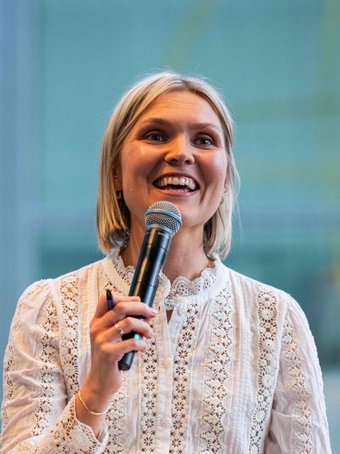 Iceland Prime Minister Kristrun Frostadottir participates at a listening session on a referendum in Reykjavik, Iceland, on August 24, 2026. (Photo by Jonathan NACKSTRAND / AFP)