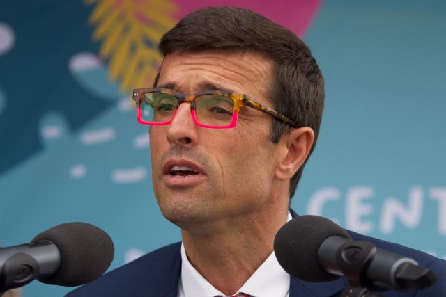 (FILES) French director of the Beauval's Zoo Rodolphe Delord delivers a speech during the opening of "Beauval Nature - Francoise Delord" new care centre for local wildlife, in Saint-Aignan-sur-Cher, central France, on April 28, 2023. Delord, announced on August 25, 2026 his decision to withdraw from the dolphinarium project, which was intended in particular to take in the dolphins from Marineland in Antibes. (Photo by GUILLAUME SOUVANT / AFP)