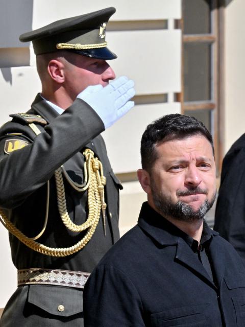 Ukraine's President Volodymyr Zelensky attends a welcome ceremony for Estonia's President ahead of their talks in Kyiv on August 25, 2026, amid Russian invasion in Ukraine. (Photo by Sergei SUPINSKY / AFP)