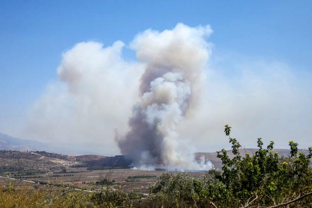 Smoke rises from fires ignited by Israeli shelling that targeted the plain of Marjayoun in southern Lebanon on August 25, 2026. Lebanon was drawn into the Middle East war on March 2, when pro-Iran Hezbollah launched rockets towards Israel in response to US-Israeli strikes that killed Iranian supreme leader on February 28, 2026. Despite a November 2024 ceasefire that was supposed to end more than a year of hostilities between Israel and the Iran-backed Hezbollah group, Israel has kept up strikes on Lebanon and has maintained troops in areas in southern Lebanon it deems strategic. (Photo by AFP) / 