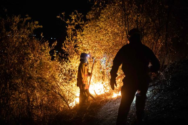 Colombian firefighters battle a wildfire in Coello, Tolima department, Colombia on August 25, 2026. (Photo by ESTEBAN VEGA LA-ROTTA / AFP)