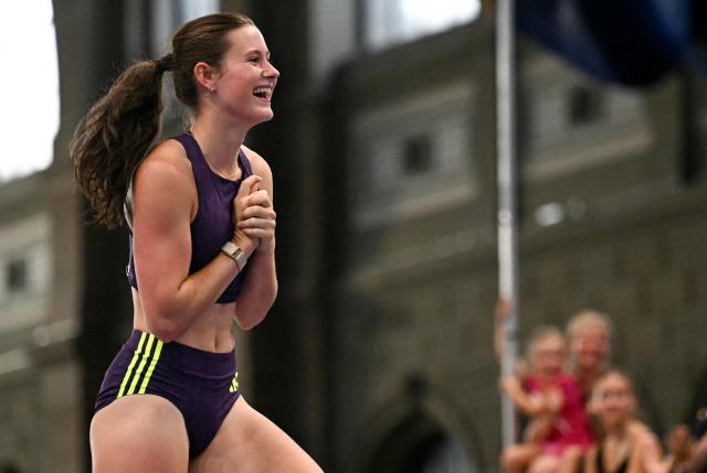 US' athlete Hana Moll celebrates after clearing the bar as she competes in the women's Pole Vault event of the 2026 Wanda Diamond League - Weltklasse Zurich as part of the World Athletics IAAF Diamond League athletics meeting at the Wanner Hall of the Zurich Main Railway Station in Zurich on August 26, 2026. (Photo by Fabrice COFFRINI / AFP)