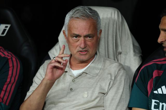 Real Madrid's Portuguese coach Jose Mourinho gestures during the Spanish league football match between Real Madrid CF and Real Sociedad  at Santiago Bernabeu Stadium in Madrid on August 26, 2026. (Photo by Thomas COEX / AFP)