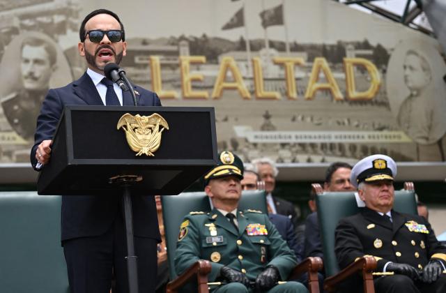 Colombia's President Abelardo de la Espriella delivers a speech during the change of command ceremony at the Jose Maria Cordova Military School in Bogota on August 26, 2026. Colombia's new hard-right government announced on August 25, 2026, plans to classify guerrilla fighters, drug traffickers and other criminal groups as "terrorists." (Photo by Raul ARBOLEDA / AFP)