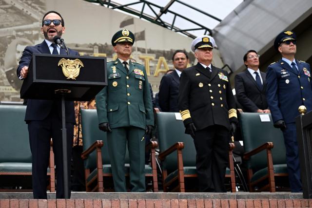 Colombia's President Abelardo de la Espriella delivers a speech during the change of command ceremony at the Jose Maria Cordova Military School in Bogota on August 26, 2026. Colombia's new hard-right government announced on August 25, 2026, plans to classify guerrilla fighters, drug traffickers and other criminal groups as "terrorists." (Photo by Raul ARBOLEDA / AFP)