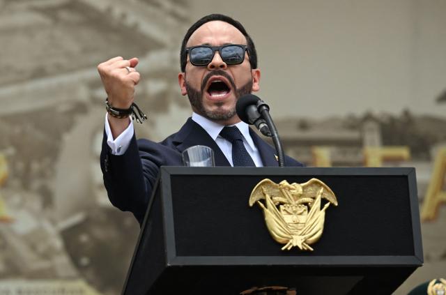 Colombia's President Abelardo de la Espriella delivers a speech during the change of command ceremony at the Jose Maria Cordova Military School in Bogota on August 26, 2026. Colombia's new hard-right government announced on August 25, 2026, plans to classify guerrilla fighters, drug traffickers and other criminal groups as "terrorists." (Photo by Raul ARBOLEDA / AFP)