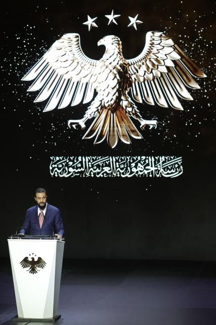 Syria's President Ahmed al-Sharaa speaks during the inauguration ceremony of the 63rd edition of the Damascus International Fair, in the capital Damascus on August 26, 2026. (Photo by Bakr ALkasem / AFP)
