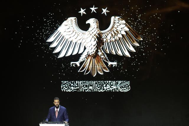 Syria's President Ahmed al-Sharaa speaks during the inauguration ceremony of the 63rd edition of the Damascus International Fair, in the capital Damascus on August 26, 2026. (Photo by Bakr ALkasem / AFP)