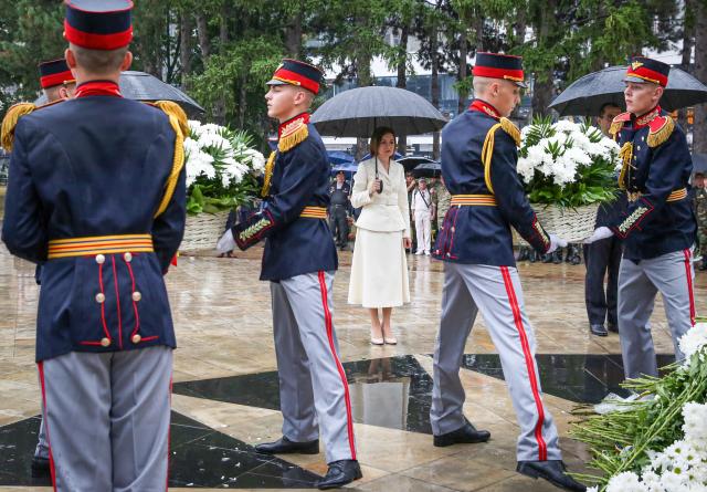 Moldovan President Maia Sandu attends a ceremony at the “Maica Indurerata” (Grieving Mother) monument which honors those who died defending Moldova’s independence and territorial integrity, including in the 1992 Transnistria conflict, during a ceremony marking Moldova’s National Day, at the Eternitate Memorial Complex in Chisinau, on August 27, 2026. Moldova marks National Day on August 27, commemorating its 1991 Declaration of Independence from the Soviet Union. (Photo by Elena COVALENCO / AFP)