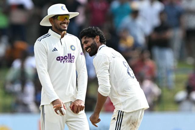 India's captain Shubman Gill (L) and teammate Ravindra Jadeja (R) gesture during the fifth day of the second Test cricket match between Sri Lanka and India at the Sinhalese Sports Club Ground in Colombo on August 27, 2026. (Photo by Ishara S. KODIKARA / AFP)