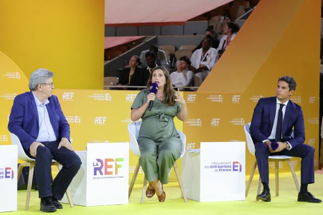 National secretary of French left-wing party The Ecologistes Marine Tondelier (C) speaks next to Founder of French left-wing party La France Insoumise (LFI) Jean-Luc Melenchon (L) and General Secretary of French centrist party Renaissance Gabriel Attal during a debate opposing 7 candidates for the 2027 French presidential election, on the second day of La REF 2026 meeting of French entrepreneurs, organised by the MEDEF, at the Chatrier tennis court at Roland-Garros venue in Paris on August 27, 2026. (Photo by Thomas SAMSON / AFP)