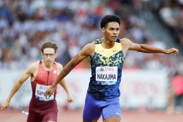 Japan's Yuki Joseph Nakajima (R) celebrates as he crosses the finish line to win men's 400m during the IAAF Diamond League athletics meeting, at the Letzigrund Stadium, in Zurich on August 27, 2026. (Photo by Stefan Wermuth / AFP)
