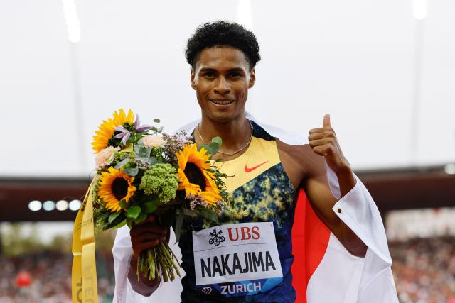 Japan's Yuki Joseph Nakajima celebrates after winning the men's 400m during the IAAF Diamond League athletics meeting, at the Letzigrund Stadium, in Zurich on August 27, 2026. (Photo by Stefan Wermuth / AFP)