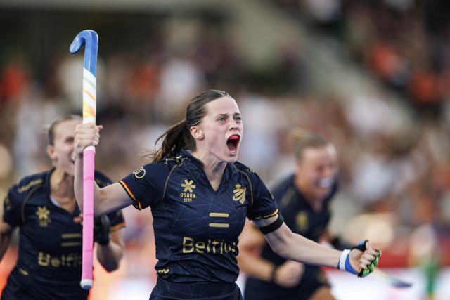 Belgium's Famke van Heel celebrates a goal before it was disallowed during the 2026 FIH Women's Hockey World Cup semifinal between the Netherlands and Belgium at the Wagener Stadium in Amstelveen, western Netherlands, on August 27, 2026. (Photo by Koen Van WEEL / ANP / AFP) / Netherlands OUT