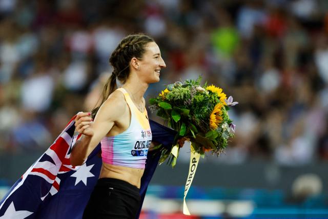 Australia's Nicola Olyslagers celebrates after winning the women's high jump during the IAAF Diamond League athletics meeting, at the Letzigrund Stadium, in Zurich on August 27, 2026. (Photo by Stefan Wermuth / AFP)