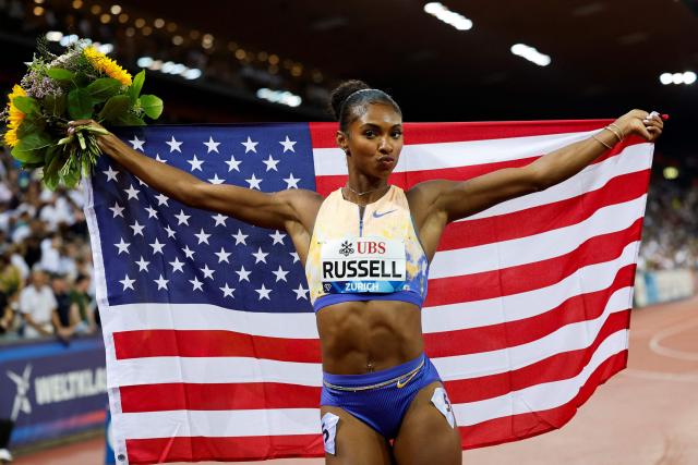 US' Masai Russell celebrates after winning and breaking the world record in the women's 100m hurdles during the IAAF Diamond League athletics meeting, at the Letzigrund Stadium, in Zurich on August 27, 2026. (Photo by Stefan Wermuth / AFP)