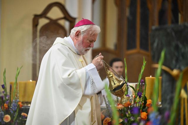 Archbishop Paul Richard Gallagher, Vatican envoy and Secretary for Relations with States and International Organisations of the Holy See, leads a mass at the Cathedral of the Immaculate Conception of the Holy Virgin Mary in Moscow on August 27, 2026. (Photo by Igor IVANKO / AFP)